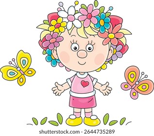 Menina feliz com uma grinalda de flores em sua cabeça e borboletas engraçadas flutuando ao redor, ilustração de desenhos animados vetoriais em um fundo branco