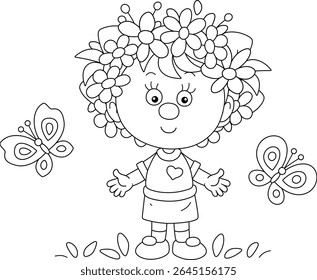 Menina feliz com uma coroa de flores em sua cabeça e borboletas engraçadas flutuando ao redor, preto e branco delineamento vetor ilustração para um livro de colorir
