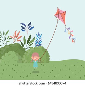 happy little girl flying kite in the field landscape