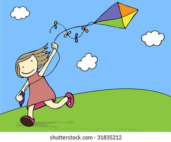 Happy little girl flying kite (series)