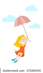 Happy little girl flying on umbrella. Flat design. Vector illustration.