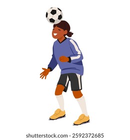 Happy little girl football player cartoon character exercising dribbling soccer ball with head isolated on white background. Kid footballer training to play sports team game vector illustration