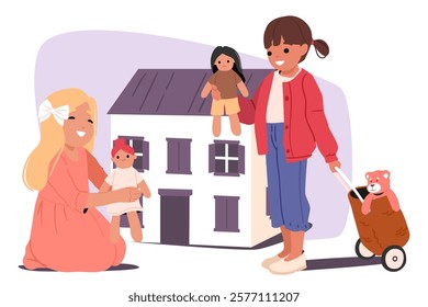 Happy little girl friends playing dolls and dollhouse at home or in kindergarten scene. Preschool children spending playful time together enjoying games and joyful leisure activity vector illustration