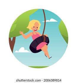Happy little girl fun swinging on swings. Kid play in park or playground outdoor at summer leisure. Flat cartoon vector illustration.