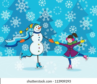 Happy little girl and funny smiling snowman skating