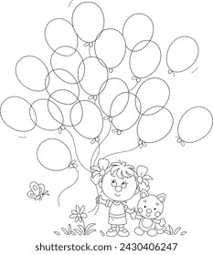 Happy little girl with a funny toy cat and holiday balloons happily smiling and walking in a summer park, black and white outline vector illustration for a coloring book