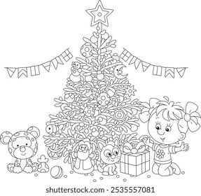 Happy little girl with a gift box near a Christmas tree decorated with funny holiday toys, balls, sweets and garlands, black and white outline vector cartoon illustration for a coloring book