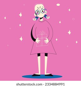 happy little girl with gift.Vector illustration
