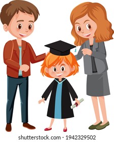 Happy little girl in graduation costume with her parents illustration