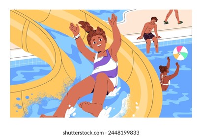 Happy little girl has fun in aquapark in summer. Excited kid in swimsuit slides on waterslide, splashing water. People playing in swimming pool with ball in waterpark. Flat vector illustration