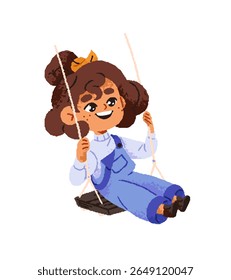 Happy little girl has fun on swing in recreation park. Cute kid sits, rides on hanged plank by rope on tree. Funny child in jumpsuit plays on playground. Flat isolated vector illustration on white