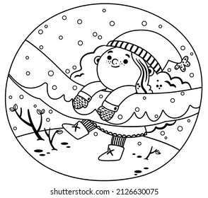 Happy little girl having fun on a snowy day. Black and white vector illustration.