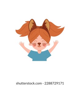 Happy little girl in headband or hair bezel with cats ears for carnival costume, flat cartoon vector illustration isolated on white background. Child in cat mask.