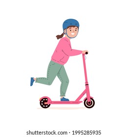 Happy little girl in a helmet riding electric walk scooter. Modern child character driving eco urban transport. Active sports and walks. Colored flat vector illustration isolated on white background.