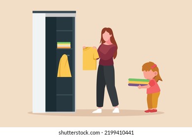 Happy little girl helping her mother tidying wardrobe clothes at home.. Concept of helping parents at home. Flat vector illustrations isolated.