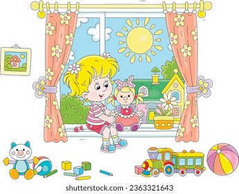 Happy little girl with her funny doll and other toys in a nursery room by a window with curtains and a sunny summer landscape in a background, vector cartoon illustration isolated on white