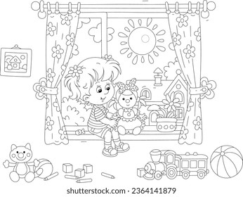 Happy little girl with her funny doll and other toys in a nursery room by a window with curtains and a sunny summer landscape in a background, black and white outline vector cartoon