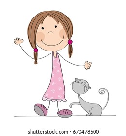 Happy little girl with her grey cat - original hand drawn illustration