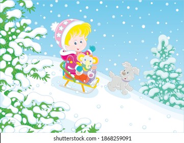 Happy little girl and her merry small puppy cheerfully sledding down a snow hill on a playground in a snowy park on a beautiful frosty day on winter holidays, vector cartoon illustration