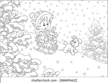 Happy little girl and her merry small puppy cheerfully sledding down a snow hill on a playground in a snowy park on a beautiful frosty day on winter holidays, vector cartoon illustration
