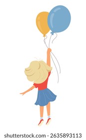 Happy little girl holding balloons Cheerful child character playing, flying with ballon Cartoon design element for kids celebration design, greeting cards, poster, flyer party Vector illustration