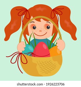 Happy little girl holding a basket of easter and colorful eggs. Minimalistic vector flat illustration in cartoon style.