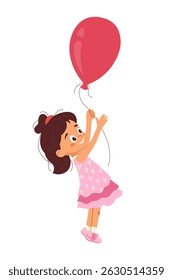 Happy little girl in holding big red balloon Cheerful child character playing with ballon Cartoon design element for kids celebration design, greeting cards, poster, flyer party Vector illustration