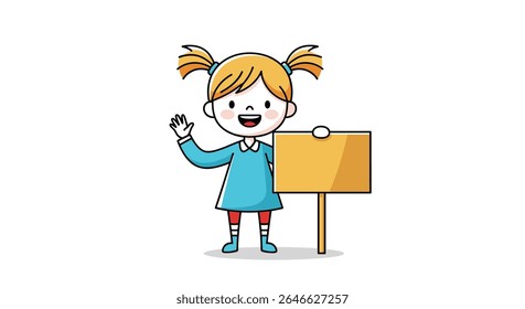 Happy Little Girl Holding a Blank Sign Vector Illustration Advertisement Template