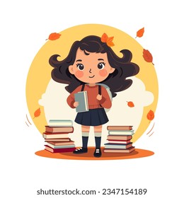 Niña feliz sosteniendo libros y quedándose entre libros. De vuelta a la escuela caricatura ilustrativa vectorial aislada en el fondo blanco. Personaje de estudiante feliz para la escuela, preescolar, kindergarten.