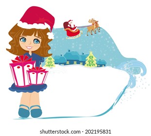 Happy little girl holding a gift from Santa Claus 