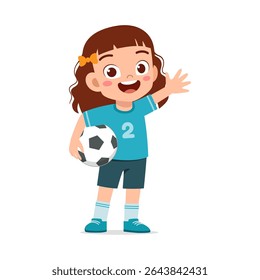 Happy Little Girl Holding Soccer Ball Waving Hand with Joyful Expression Illustration