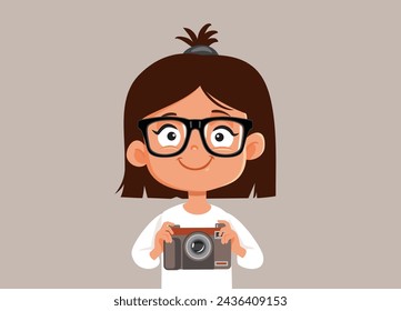 
Happy Little Girl Holding a Vintage Camera Vector Character. Photography student learning on older analogue technology
