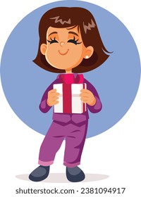 Happy Little Girl Holding a Wrapped present Vector Cartoon Character. Cheerful child receiving a great surprise for her birthday 
