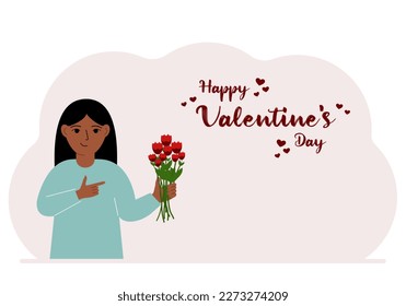A happy little girl holds a bouquet of flowers in his hand. Next to the text Happy Valentine's Day. Concept for postcard, congratulations, banner or poster. Vector flat illustration