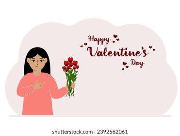 A happy little girl holds a bouquet of flowers in his hand. Next to the text Happy Valentine's Day. Concept for postcard, congratulations, banner or poster.