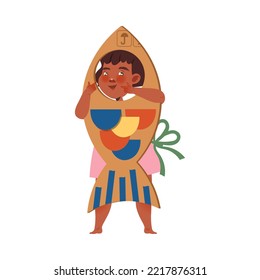 Happy Little Girl in Homemade Cardboard Fish Costume Playing and Having Fun Vector Illustration