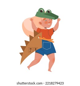 Happy Little Girl in Homemade Cardboard Gator Costume Playing and Having Fun Vector Illustration