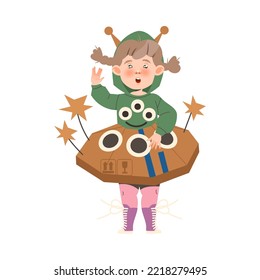 Happy Little Girl in Homemade Cardboard Alien Ufo Costume Playing and Having Fun Vector Illustration
