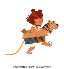 Happy Little Girl in Homemade Cardboard Tiger Costume Playing and Having Fun Vector Illustration