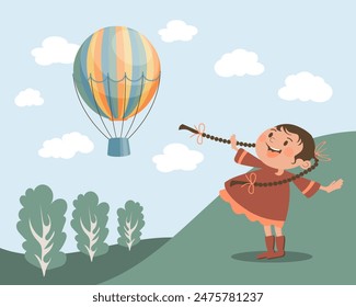 Happy little girl and hot air balloon on landscape background, childhood concept. Illustration, vector