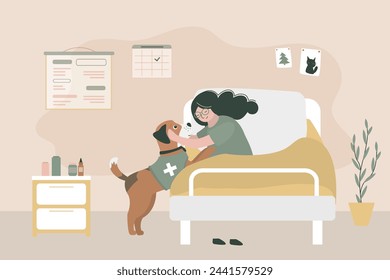 Niña feliz que abraza al perro adorable. Adolescente enferma en cama en el hospital. Terapia con animales y rehabilitación asistida por animales para niños. Apoyo emocional animal, terapia de mascotas. ilustración vectorial