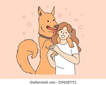 Happy little girl hugging with dog show affection and love. Smiling kid embracing cuddling with pet. Ownership and friendship. Vector illustration. 