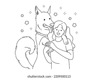 Happy little girl hugging with dog show affection and love. Smiling kid embracing cuddling with pet. Ownership and friendship. Vector illustration. 