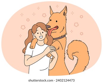 Happy little girl hugging with dog show affection and love. Smiling kid embracing cuddling with pet. Ownership and friendship. Vector illustration.