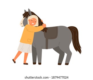 Happy little girl hugging pony vector flat illustration. Cute child and adorable horse enjoying friendship isolated on white. Female kid and animal embracing, spending time together