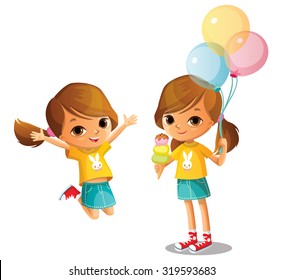 happy little girl with ice aream and balloons
