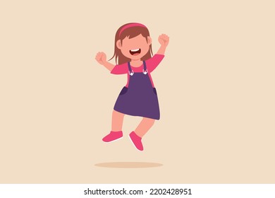 Happy little girl jump and fly. Cheer up pose concept. Flat vector illustrations isolated. 