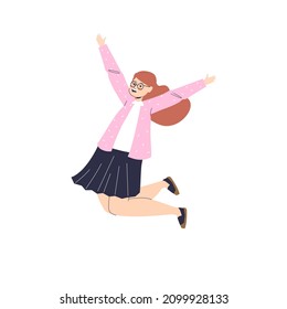 Happy little girl jumping up with raised hands. Happy preschool or schoolgirl kid joyful smiling isolated over white background. Cartoon flat vector illustration