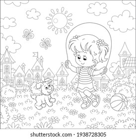 Happy little girl jumping rope with her cute and merry pup in a summer park of a small town, black and white outline vector cartoon illustration for a coloring book page