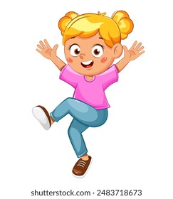 Happy little girl jumps and rejoices. Cute cartoon girl. 